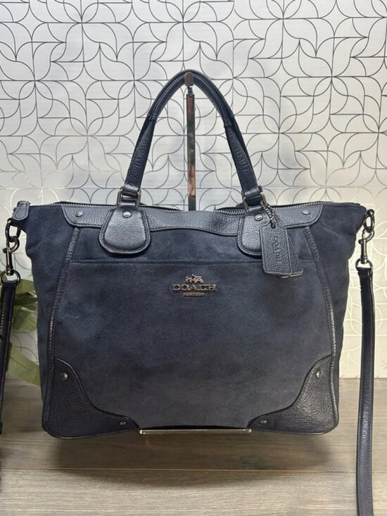 Coach Handbags - Coach Navy Suede Leather Mickie Tote Bag